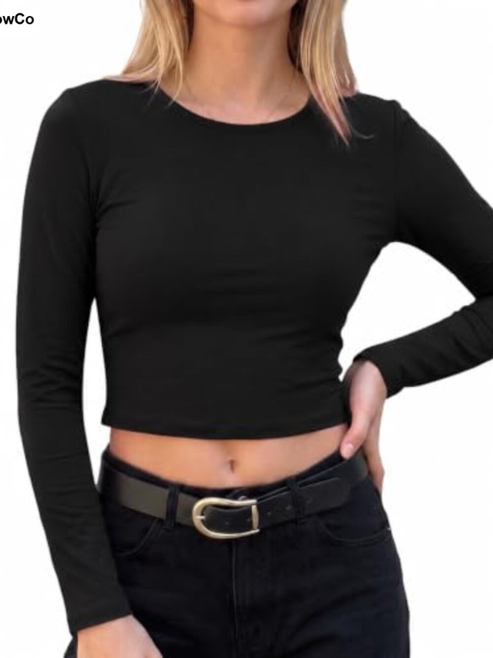 Womens Long Sleeve Crop Top Scoop Neck Slim Fitted Casual Workout Top